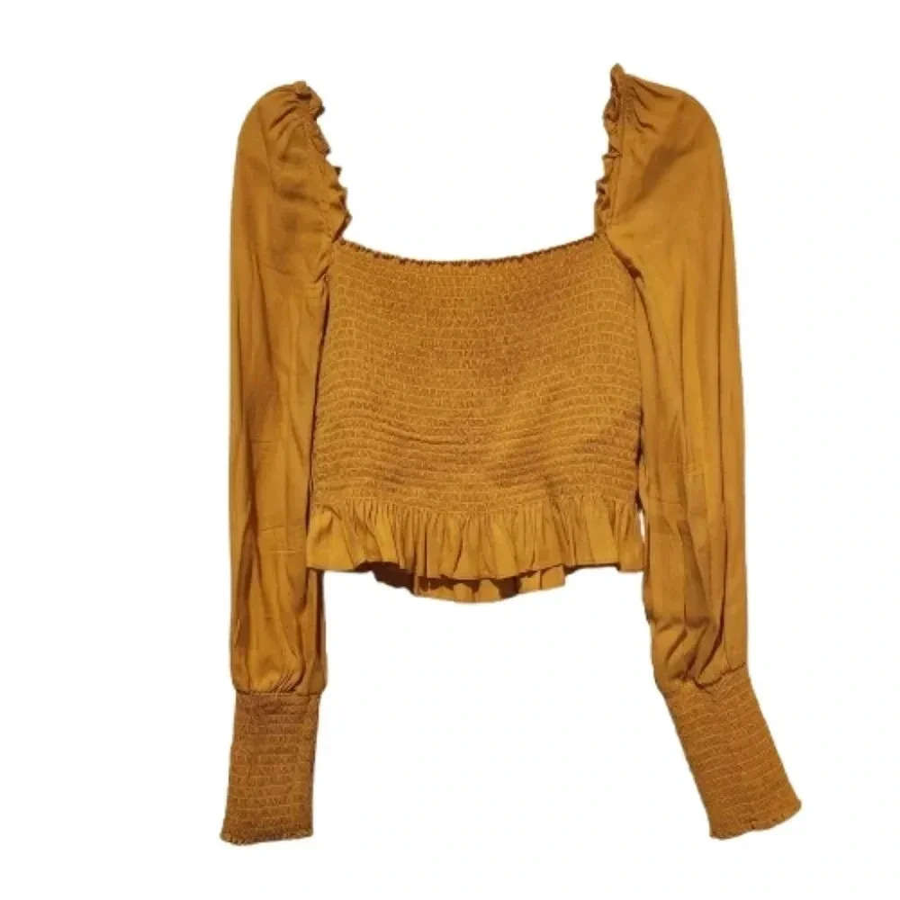 Reformation Cropped Longsleeve Gold Top With Ruffled Snached Waist Size Medium - Picture 2 of 5